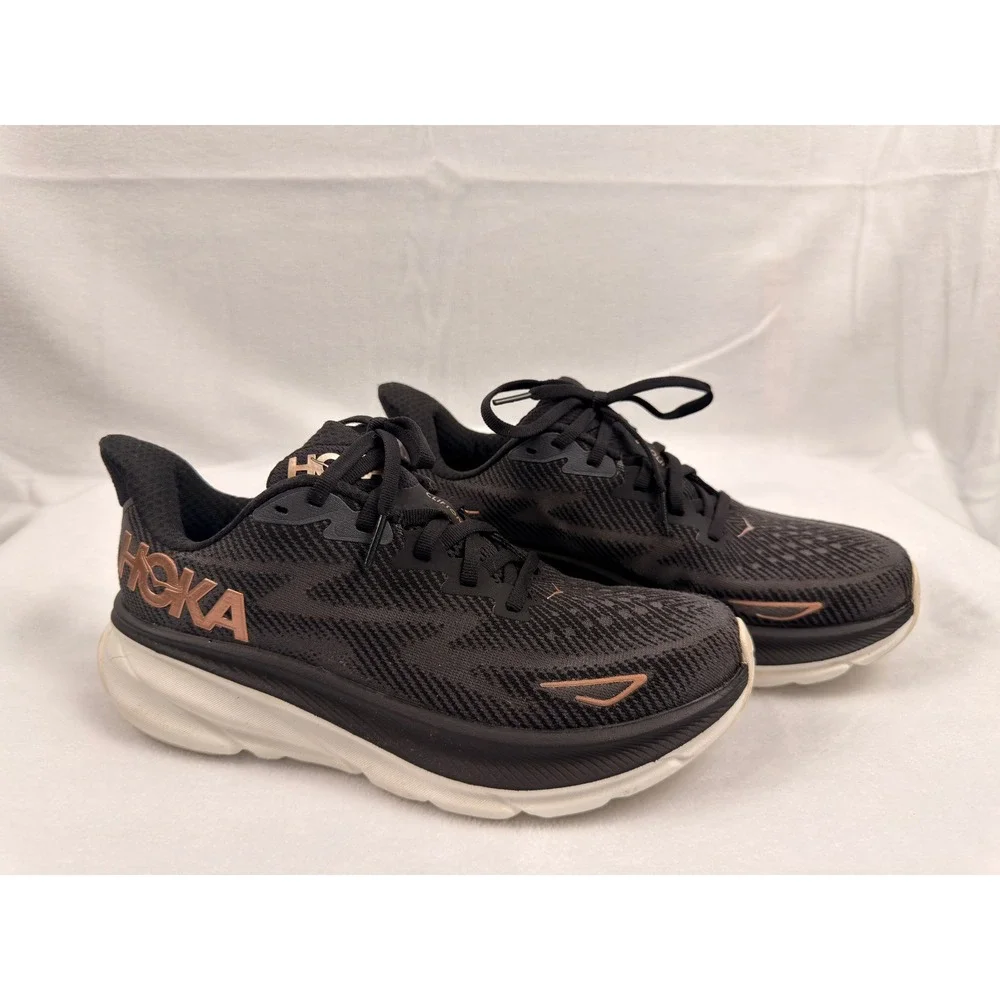 Hoka Clifton 9 Womens Running Shoes Black Rose Gold Metallic 1127896 8B